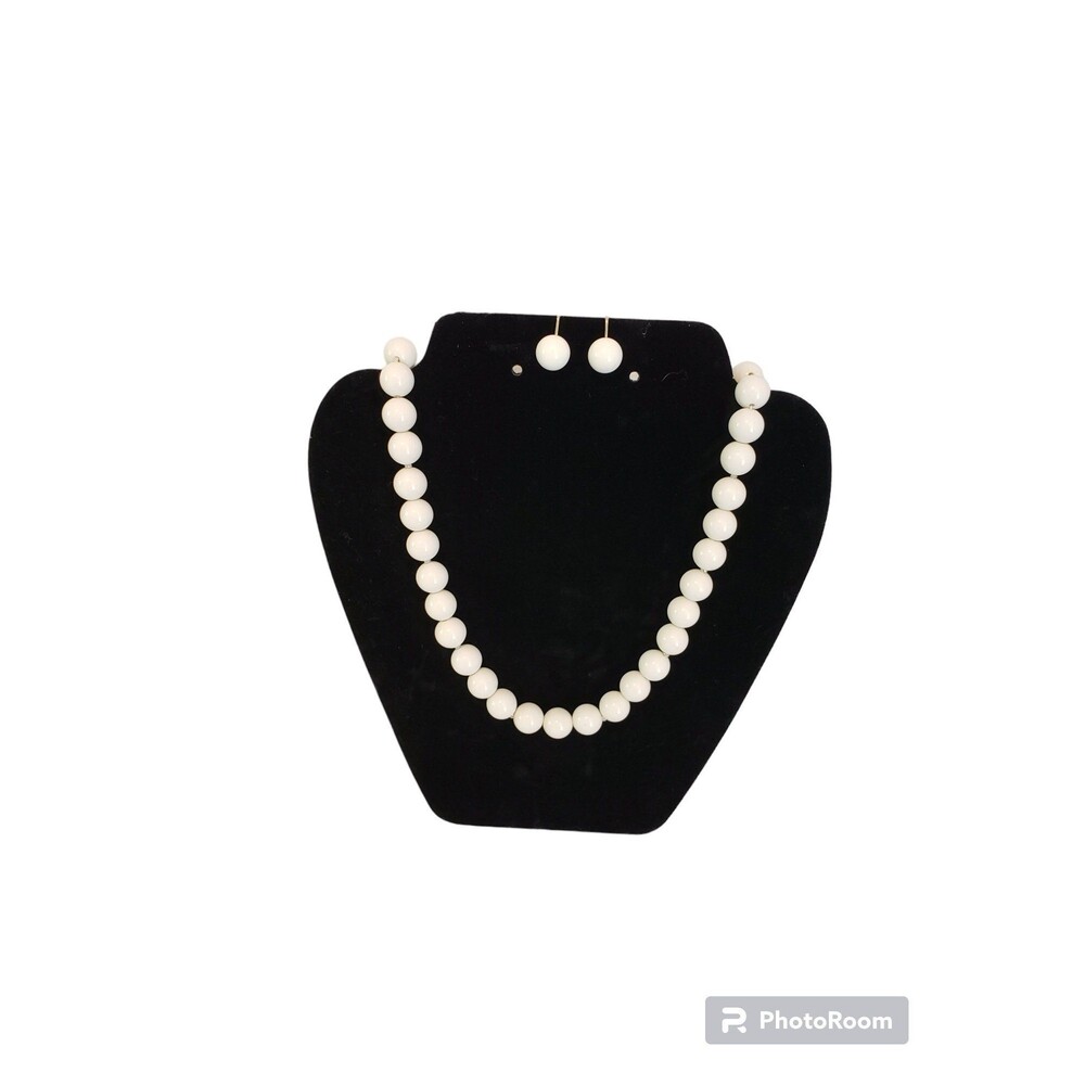 Vintage Large White Beaded Necklace Clip On Earring Set 10mm Beads 1960s
